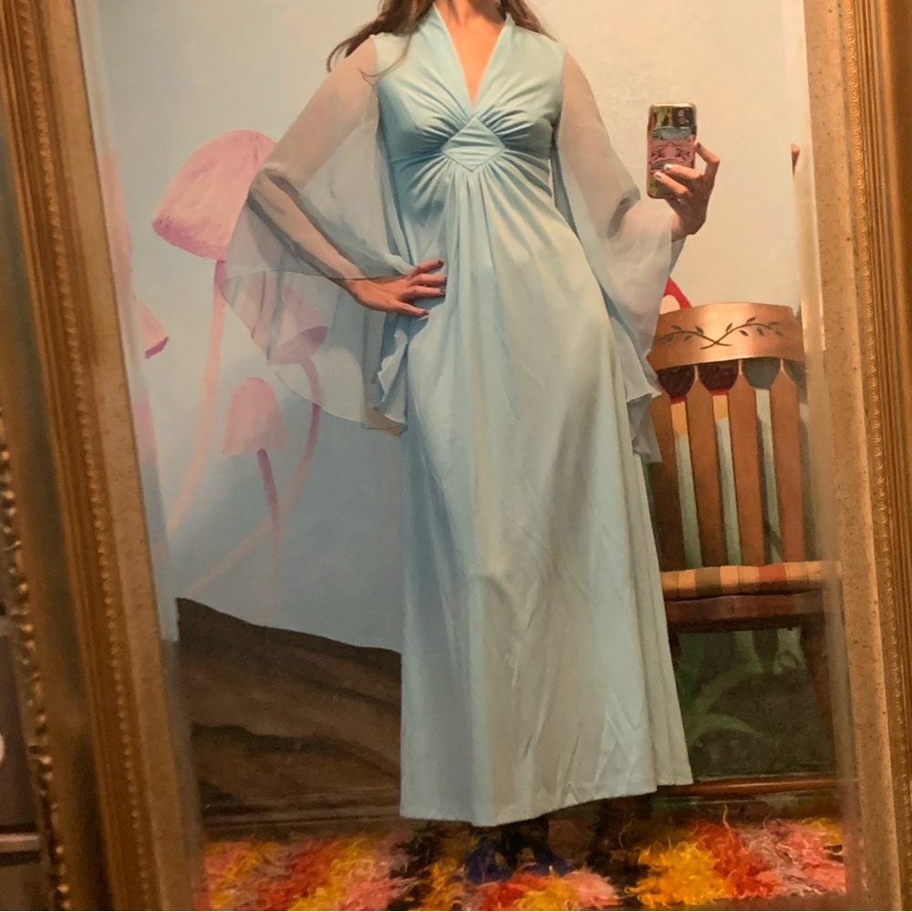 60’s 70’s sheer cape sleeve maxi dress cocktail baby blue mad men boho